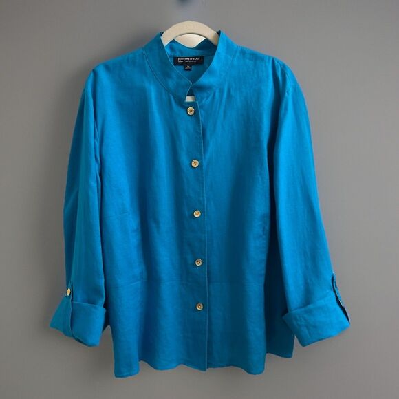 Vintage Jones New York  Turquoise 100% Linen Nehru Peplum Jacket 3X Officecore - Picture 1 of 6
